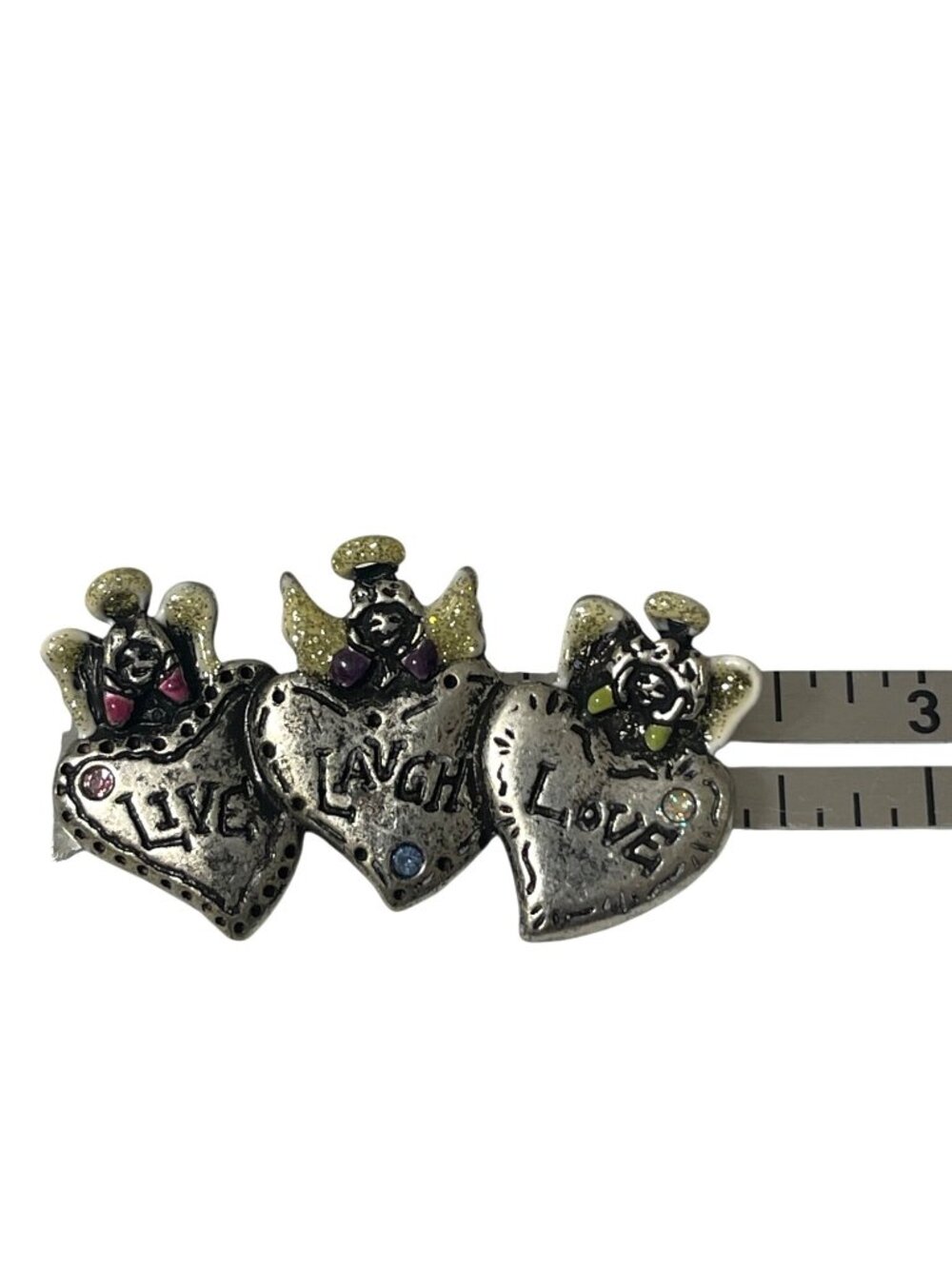 Three Angel Brooch Pin Live Laugh Love Enameled Glitter Wings & Halo Rhinestones - Picture 11 of 12
